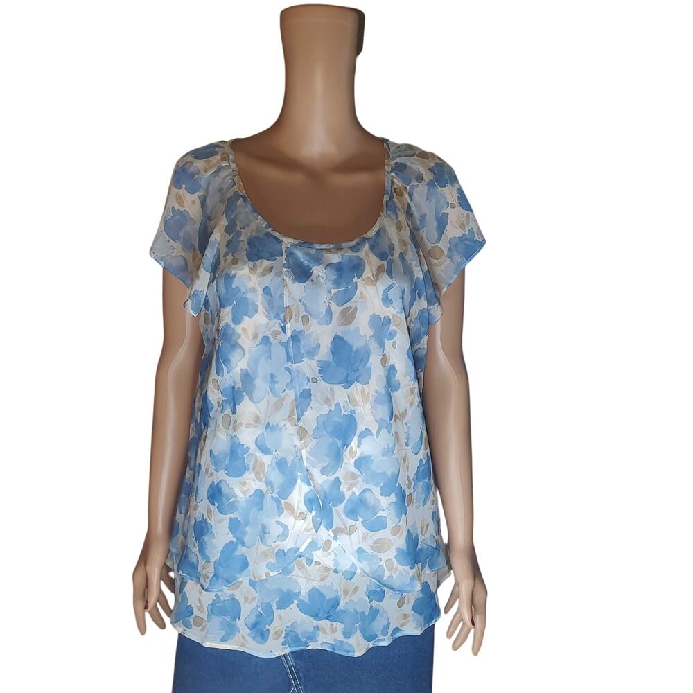 Blue Brown Watercolor Floral Flutter Sleeve Romantic Fairy Blouse Size L